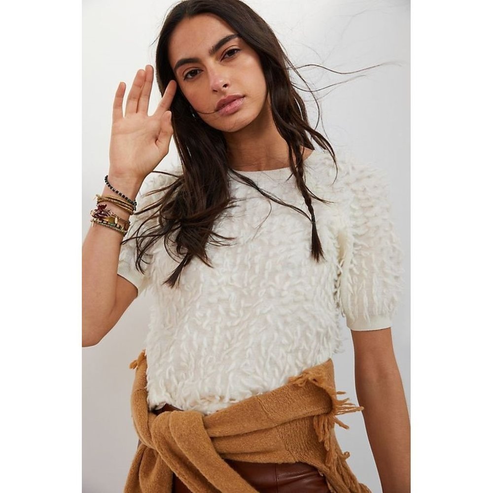Anthropologie Cream Textured Short-Sleeve Crewneck Sweater X/XL